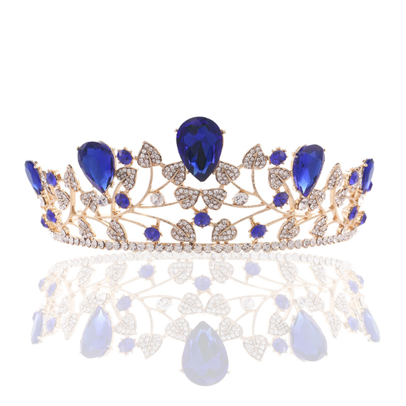 Coroana aurie cu strasuri de cristal albastre, o bentita pentru cap in forma de coroana de regina, tiara, accesorii pentru par