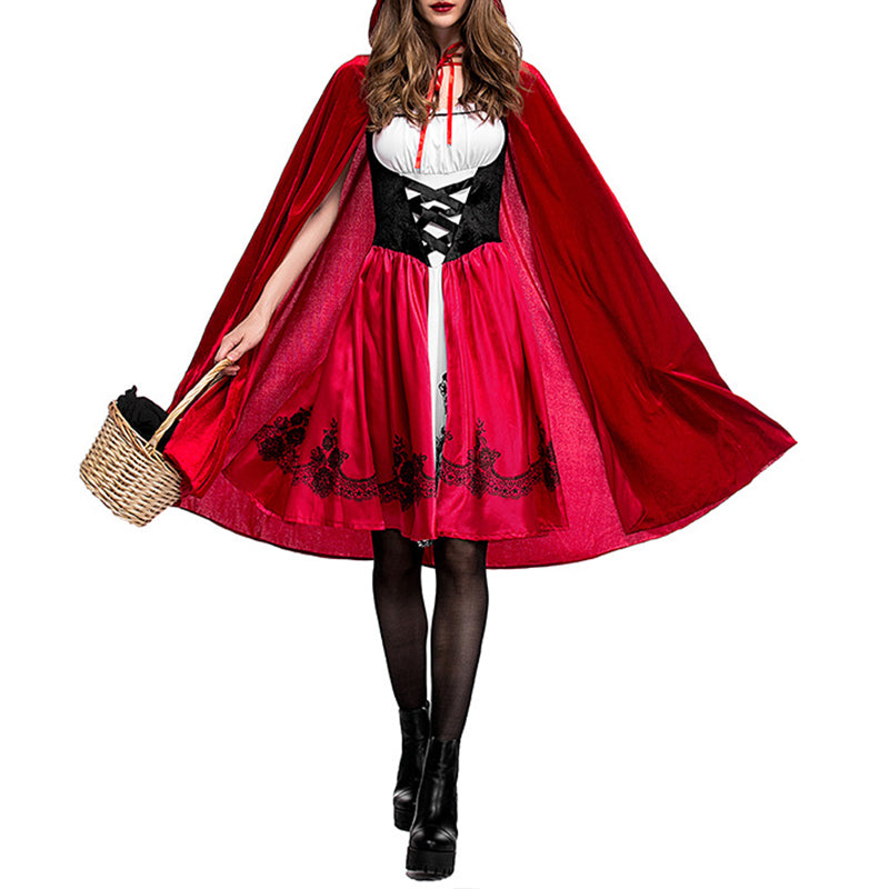 Set costum pentru Halloween pentru femei, culoare rochie, model Scufita rosie, cu rochie scurta si pelerina lunga, potrivit pentru Halloween