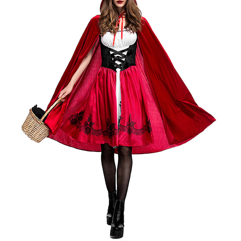 Set costum pentru Halloween pentru femei, culoare rochie, model Scufita ro?ie, cu rochie scurta ?i pelerina lunga, potrivit pentru Halloween