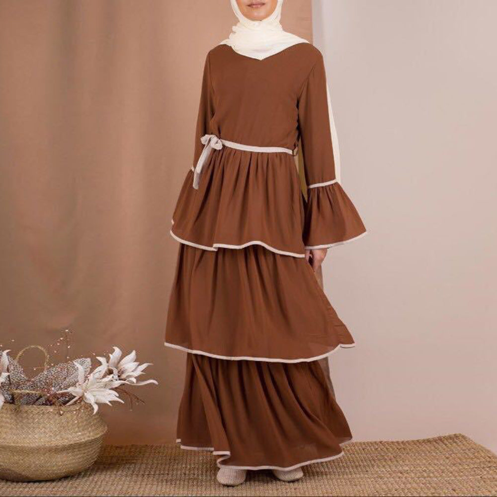 Rochie in stil musulman pentru femei, in culori, cu maneca lunga, model cu volane plisate, rochie maxi
