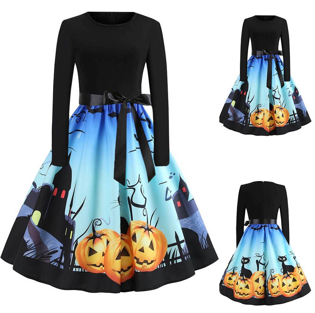 Rochie retro pentru femei, cu maneci lungi, cu decolteu rotund, rochie cu imprimeu de Halloween model dovleac, potrivita pentru timpul liber