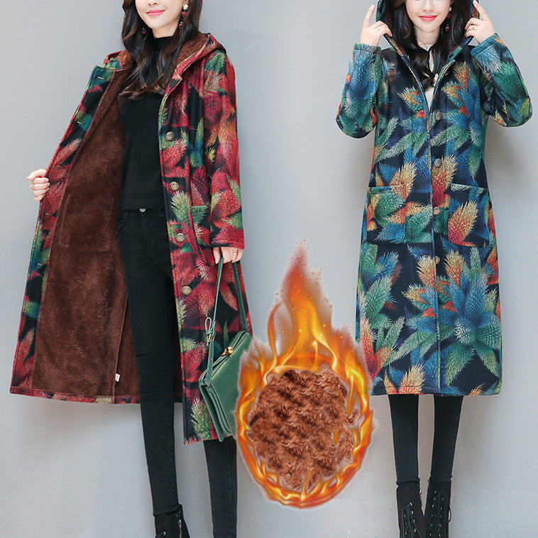 Palton pentru Femei, Toamna-Iarna, Vintage, cu Imprimeu Floral, cu Gluga, cu Maneci Lungi