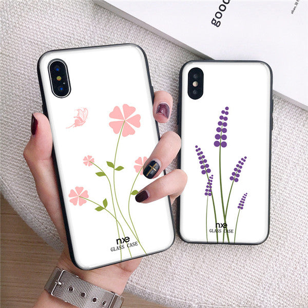 Husa de telefon eleganta, din sticla securizata cu imprimeu cu plante, pentru iPhone X/8P/8/7P/7/6P/6