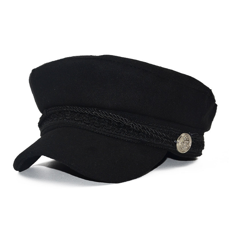 Bereta moderna pentru toamna si iarna, culoare uni, in stil militar, in forma de octogon, bereta retro cu nasturi