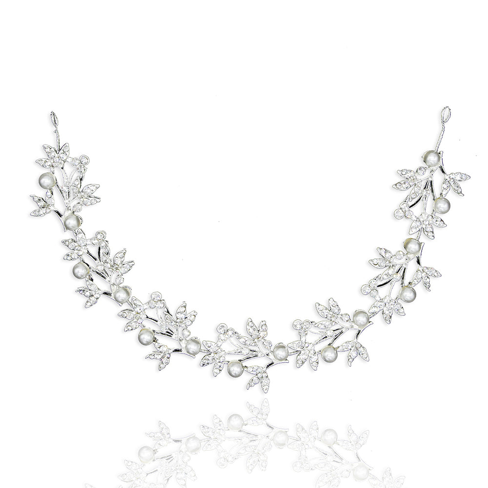 Bentita pentru cap argintie, flexibila, in forma de lantisor cu perle si cristale, podoaba pentru parul miresei, in forma de mladita de vita de vie, accesorii de par pentru nunta
