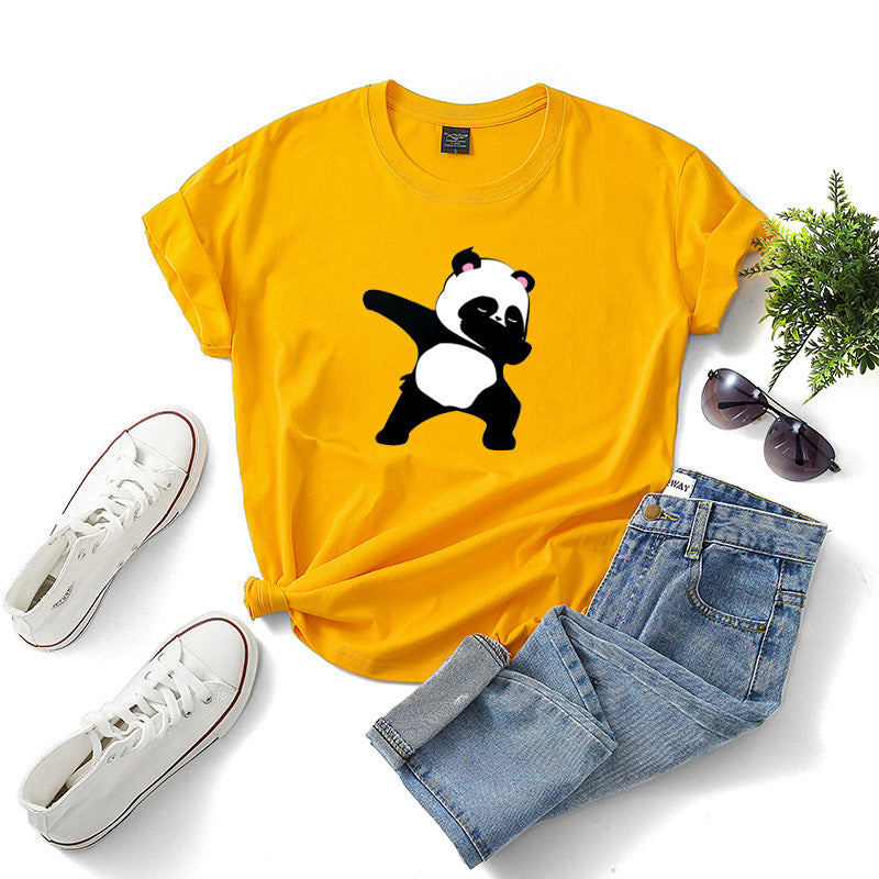 Tricou de vara pentru femei, casual ?i modern, cu decolteu rotund ?i maneca scurta, cu imprimeu de urs panda