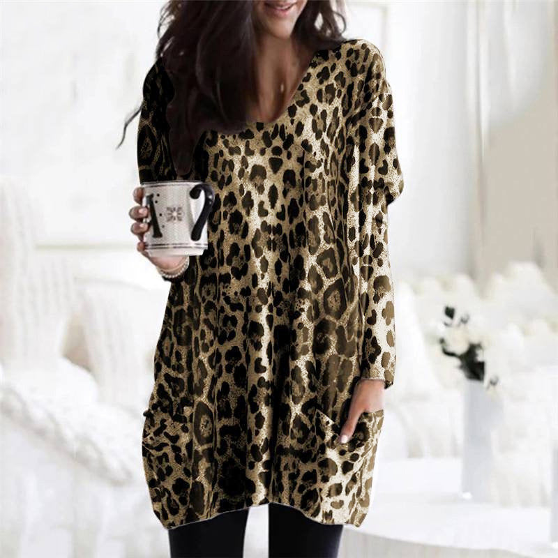 Bluza casual pentru femei, cu imprimeu leopard ?i maneca lunga, model larg ?i lung