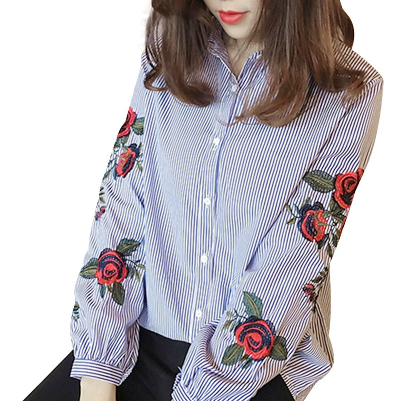 Bluza cu broderie florala pentru femei, cu nasturi si maneca lunga