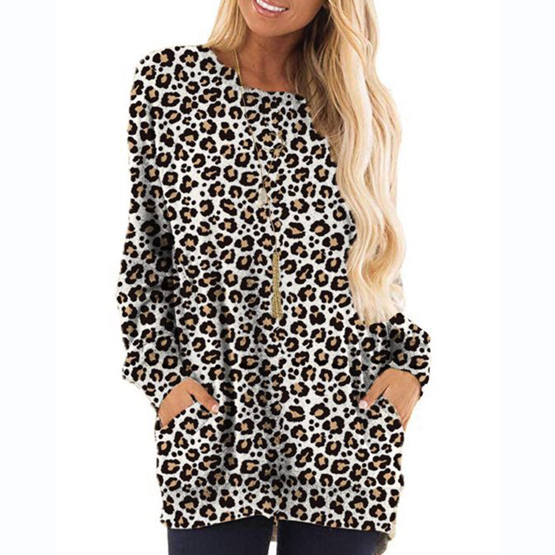 Bluza de toamna pentru femei, cu maneca lunga ?i imprimeu leopard, model larg cu buzunare