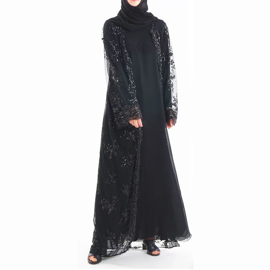 Rochie in stil musulman pentru femei, cu broderie cu paiete si maneca lunga, rochie maxi