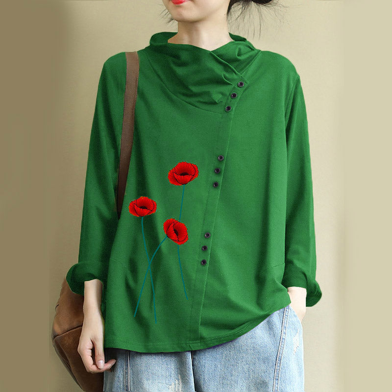 Bluza casual si larga pentru femei, cu maneci lungi, cu imprimeu model trandafiri, bluza cu forma asimetrica, potrivita pentru sezonul de toamna