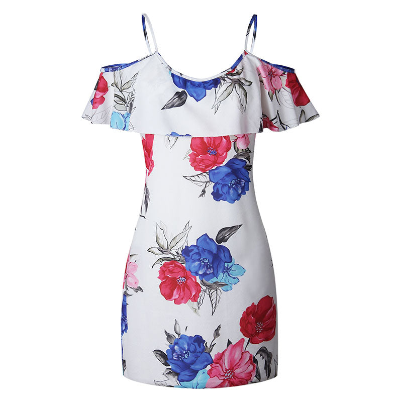 Rochie sexy cu imprimeu floral cu topul tip maieu, cu umerii goi si volan, o rochie tip sling, fusta cu bretele