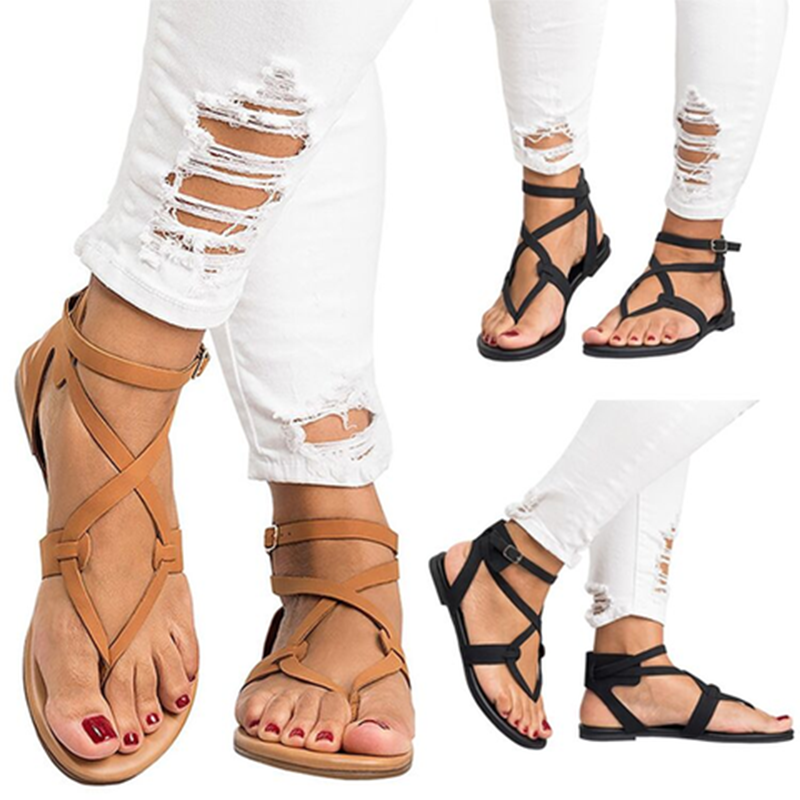 1 pereche de sandale pentru femei, cu catarama ajustabila si talpa joasa, din imitatie de piele, stil casual bandage