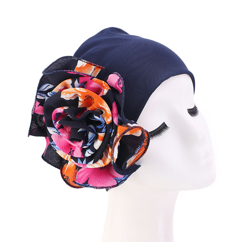 Turban elegant cu imprimeu pentru femei, cu material elastic si decoratiune florala mare