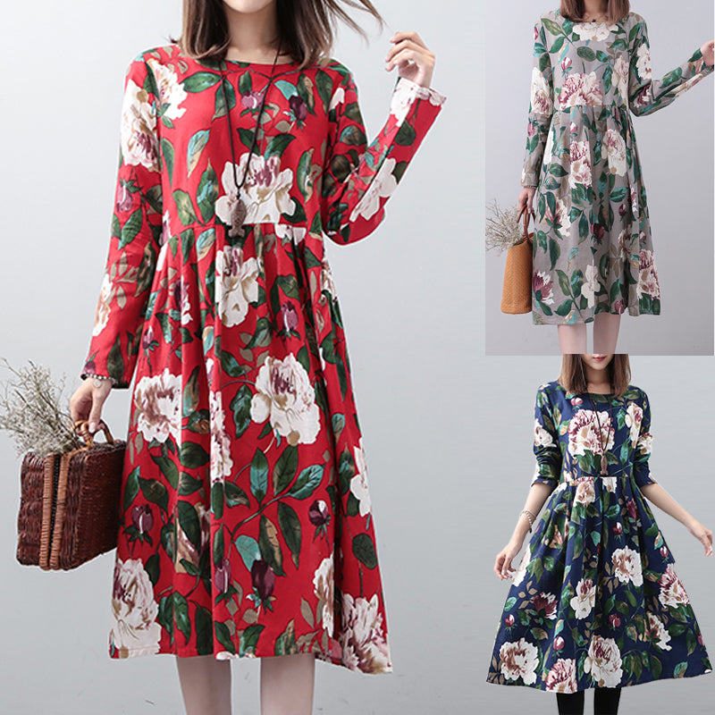 Rochie pentru femei, cu imprimeu floral si decolteu rotund, cu maneca lunga, din bumbac si in