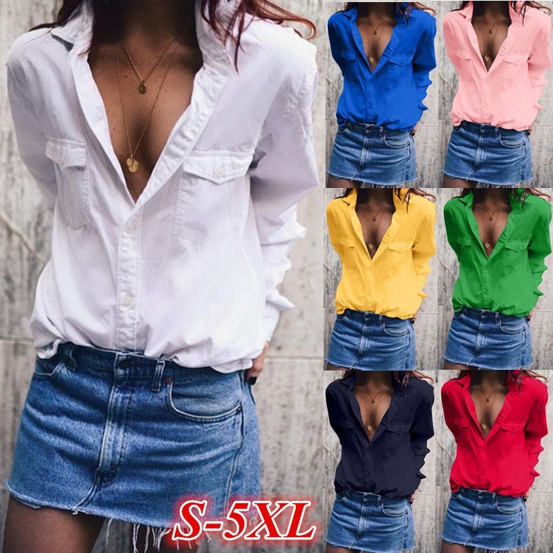 Bluza casual sic stil business, cu guler, disponibila pe galben, rosu, negru, alb, roz, verde, albastru, marimi S-5XL