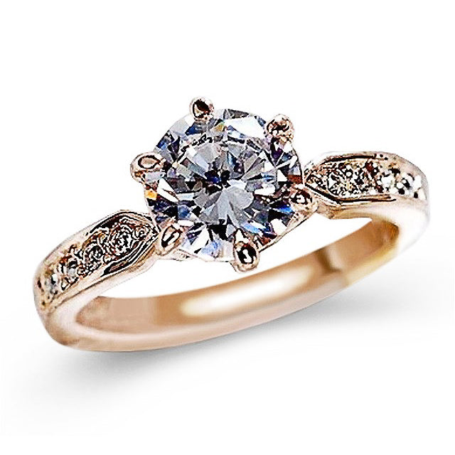 Inel de logodna culoarea aurului, cu zirconiu, inel de dama din gama bijuteriilor pentru casatorie, cu cristalul prins cu sase gheare