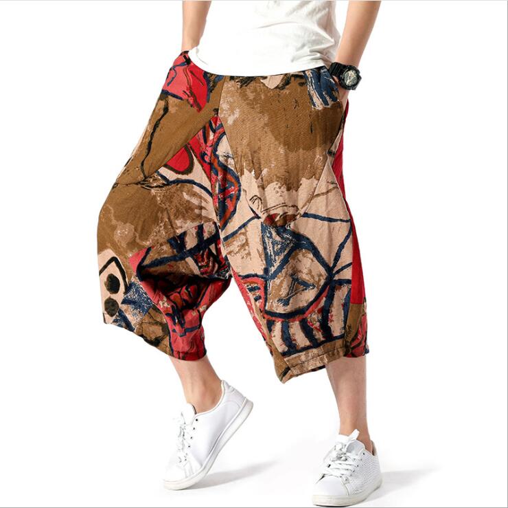 Pantaloni casual pentru barbati, stil harem, cu imprimeu original ?i elastic in talie