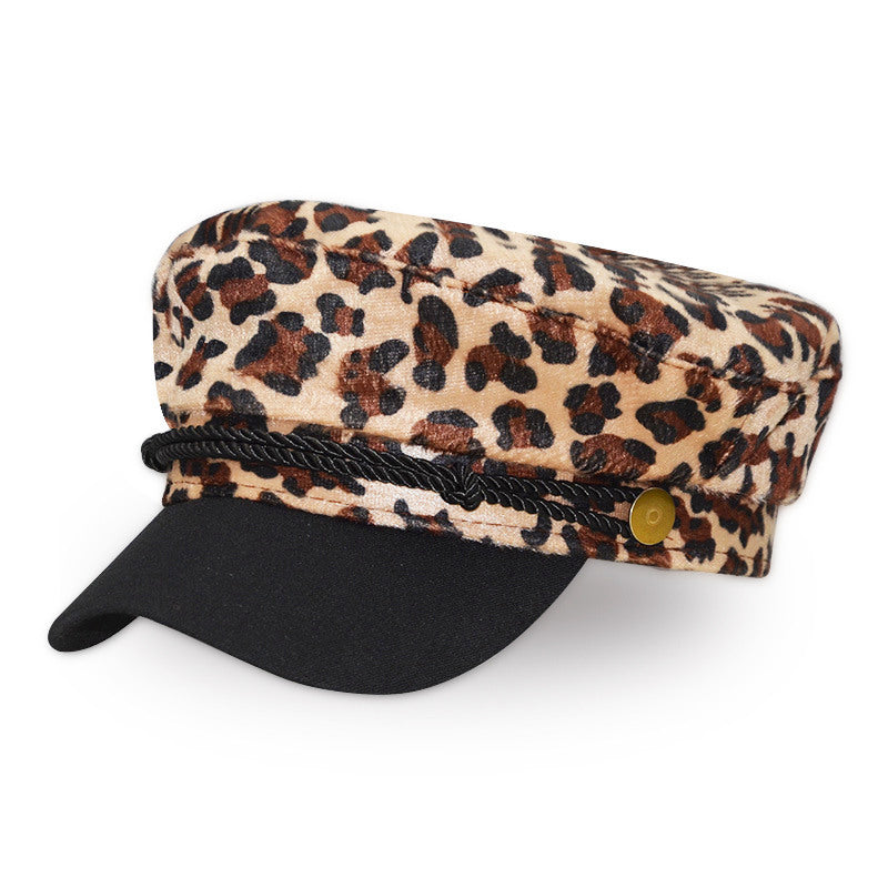 Bereta moderna pentru toamna si iarna, culoare uni, in stil militar, in forma de octogon, bereta retro cu imprimeu leopard