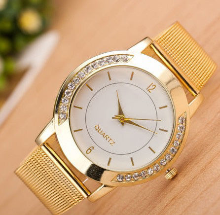 Ceas elegant pentru femei, auriu, cu cristale si bratara din otel inoxidabil, analog, cu Quartz, ceas de mana pentru femei