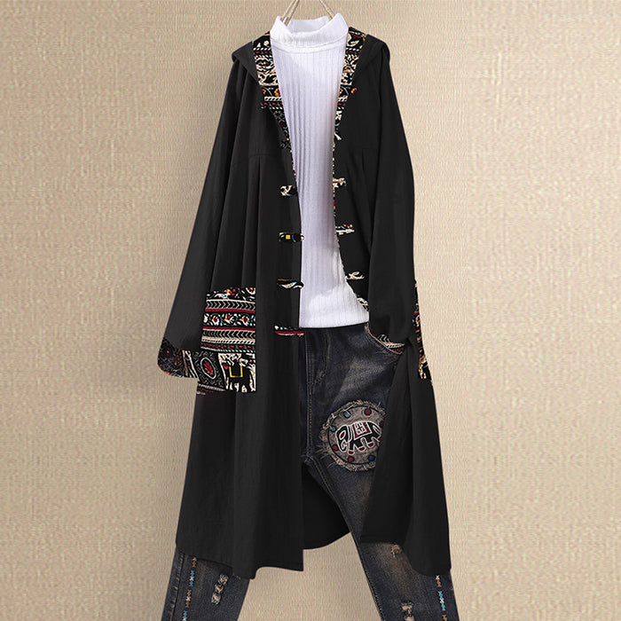 Jacheta larga si casual pentru femei, din material subtire, cu imprimeu si cusaturi, haina din amestec de bumbac si in cu gluga