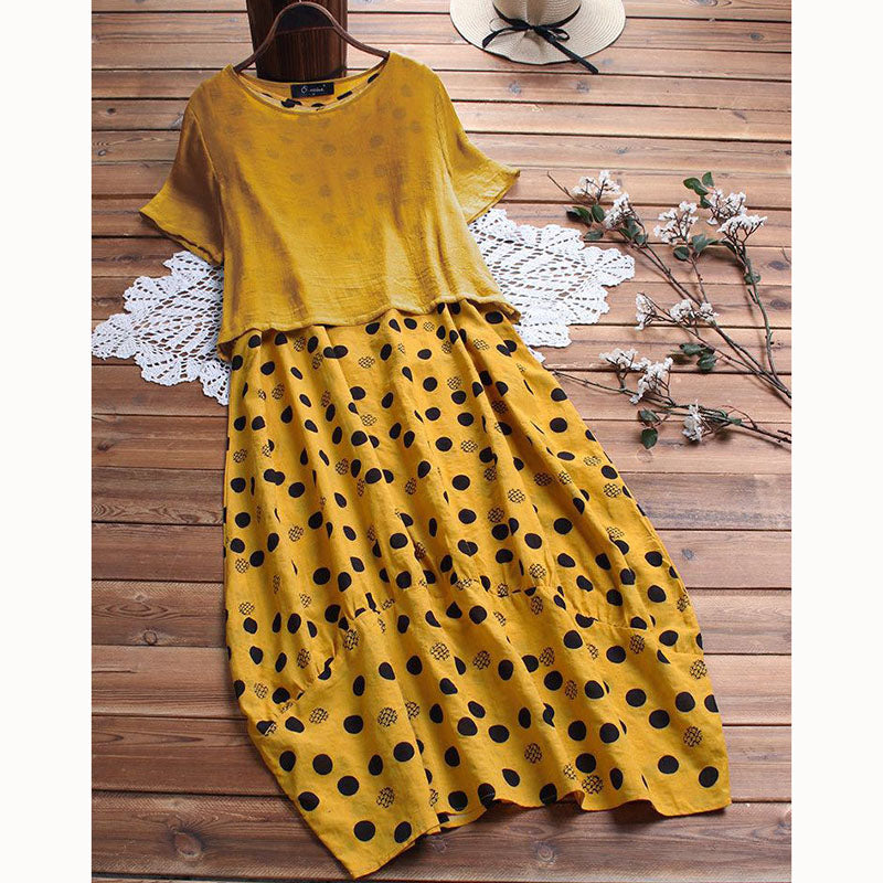 

Rochie cu mâneci scurte pentru femei, cu decolteu rotund, cu imprimeu cu buline, rochie model larg