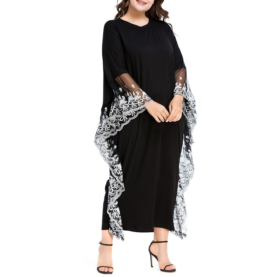 Rochie in stil musulman pentru femei, cu maneca liliac ?i aplicatii din dantela, rochie lunga marime mare