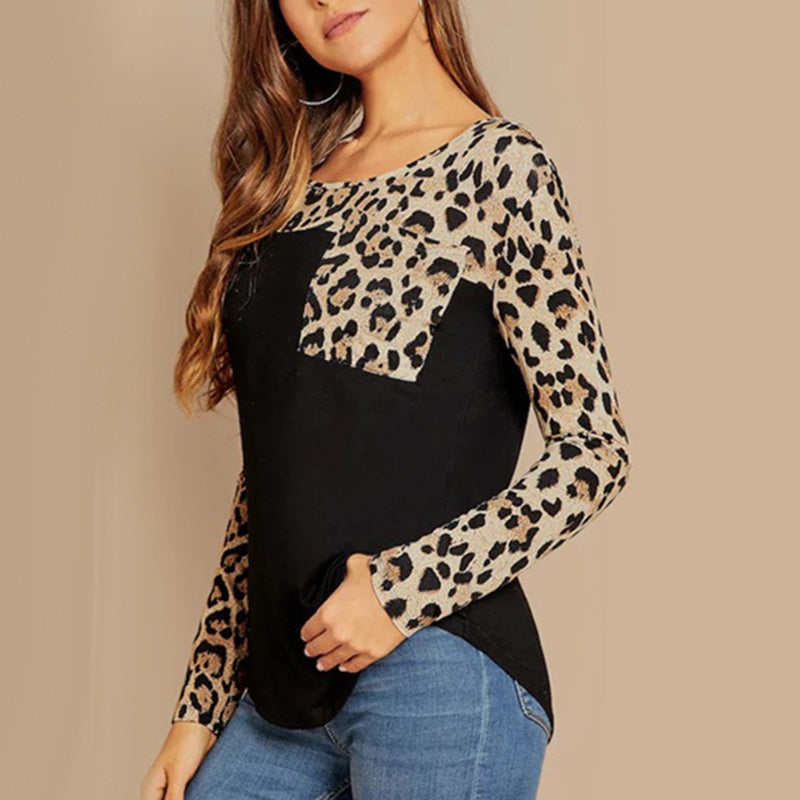 Bluza cu buzunare si decolteu stil barcuta, cu aplicatii cu imprimeu leopard
