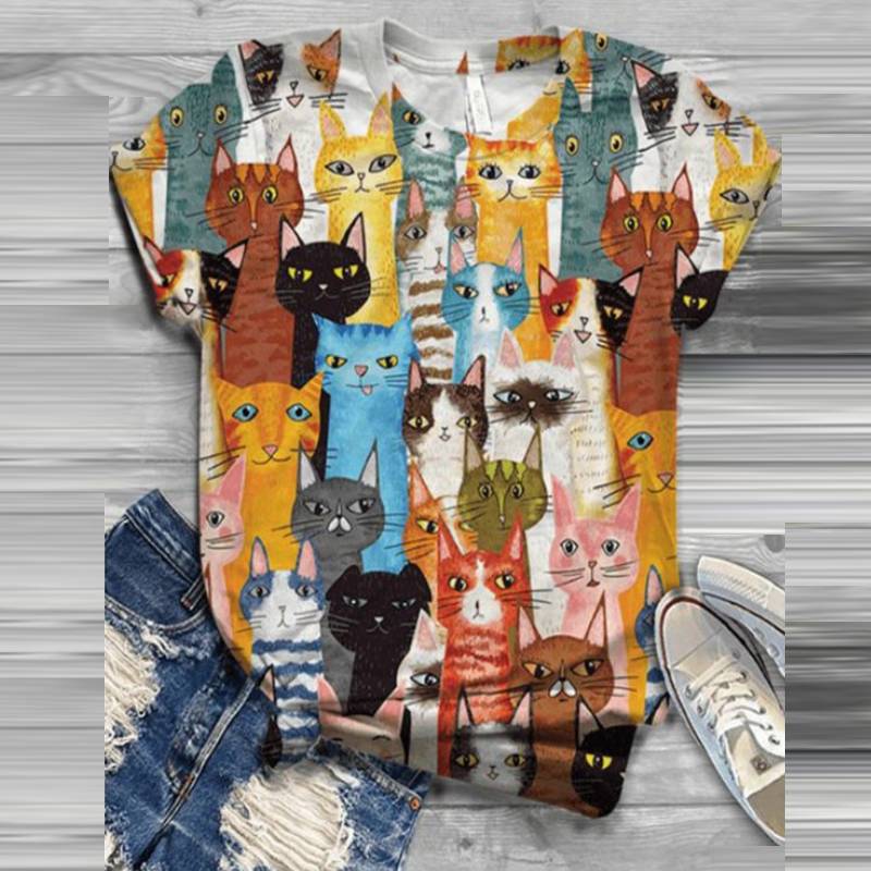 

Tricou drăguț pentru femei, cu imprimeu simpatic de pisică, cu decolteu rotund și mânecă scurtă