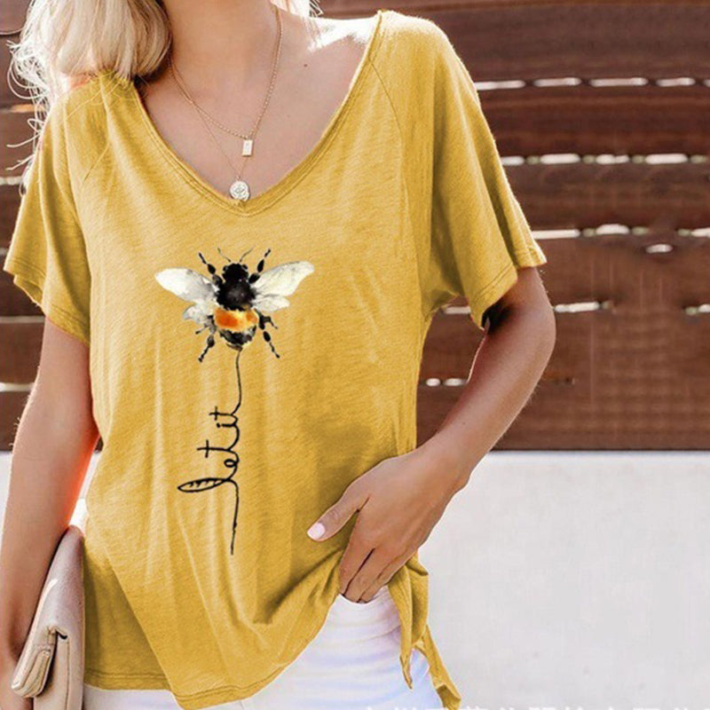 Tricou modern cu decolteu rotund pentru femei, cu imprimeu de albina, model larg cu maneca scurta