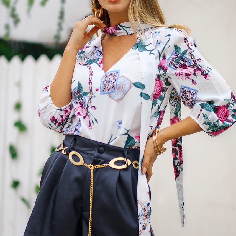 Bluza top casual pentru femei, cu decolteu in V ?i imprimeu, cu maneca trei sferturi