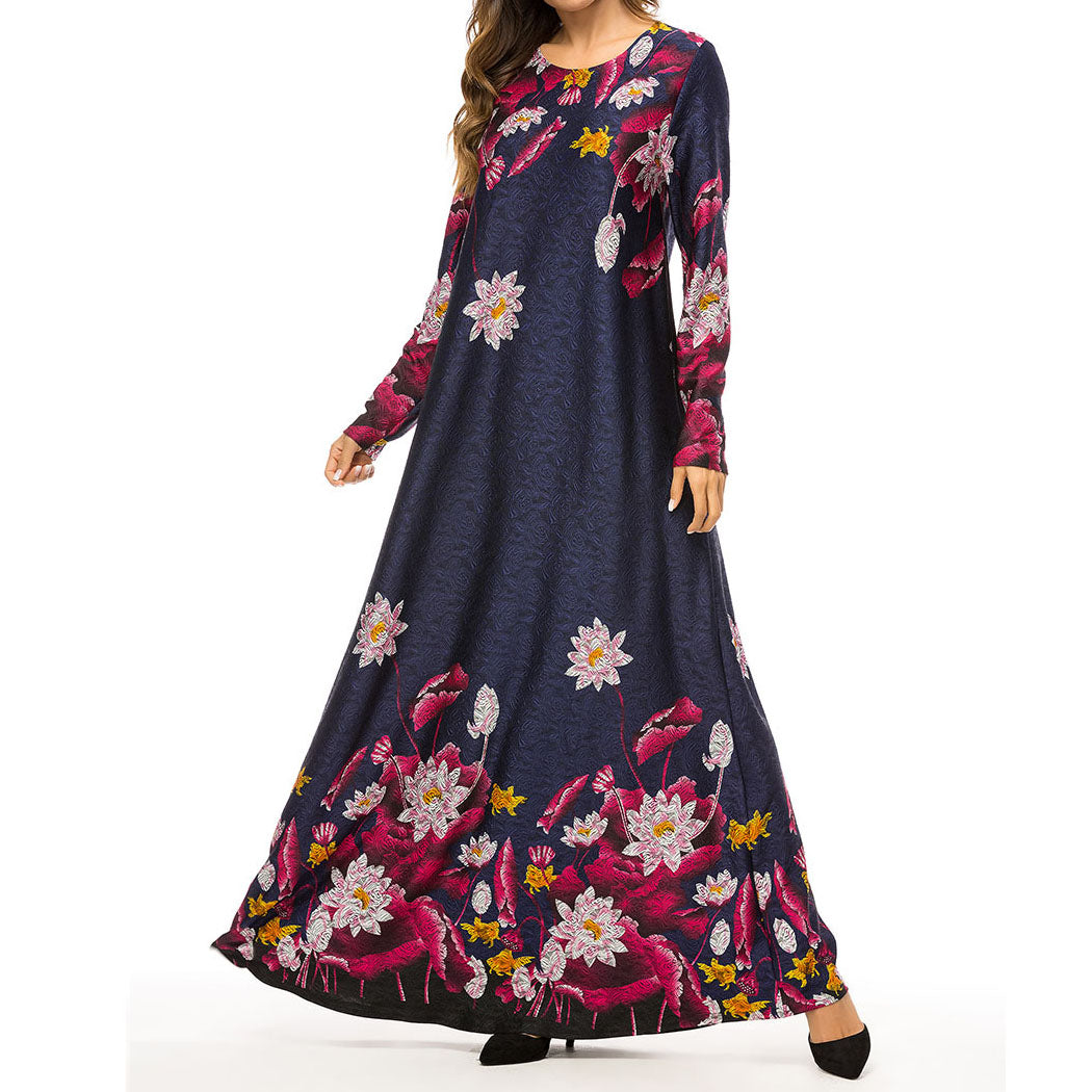 Rochie lunga cu maneci lungi, model musulman si imprimeu floral