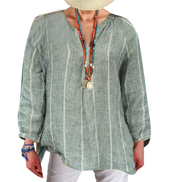 Bluza cu decolteu in V pentru femei, cu dungi verticale, model casual larg cu maneca lunga