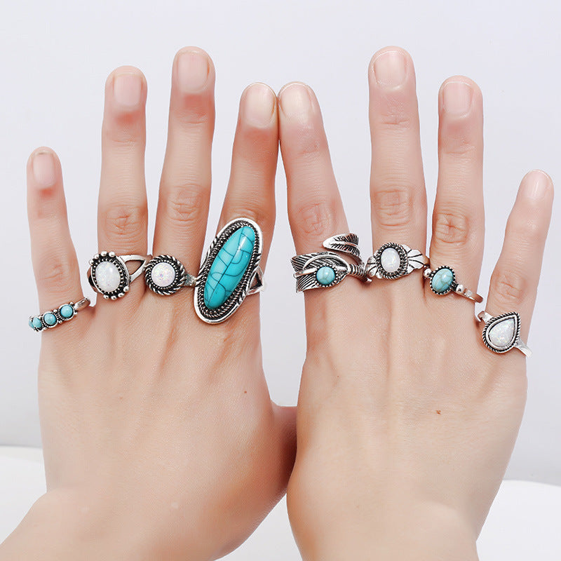 Set de 8 inele vintage, cu model geometric, cu pietre de opal, un set boem, antique, in culoarea argintului, de inele pentru incheieturile degetelor