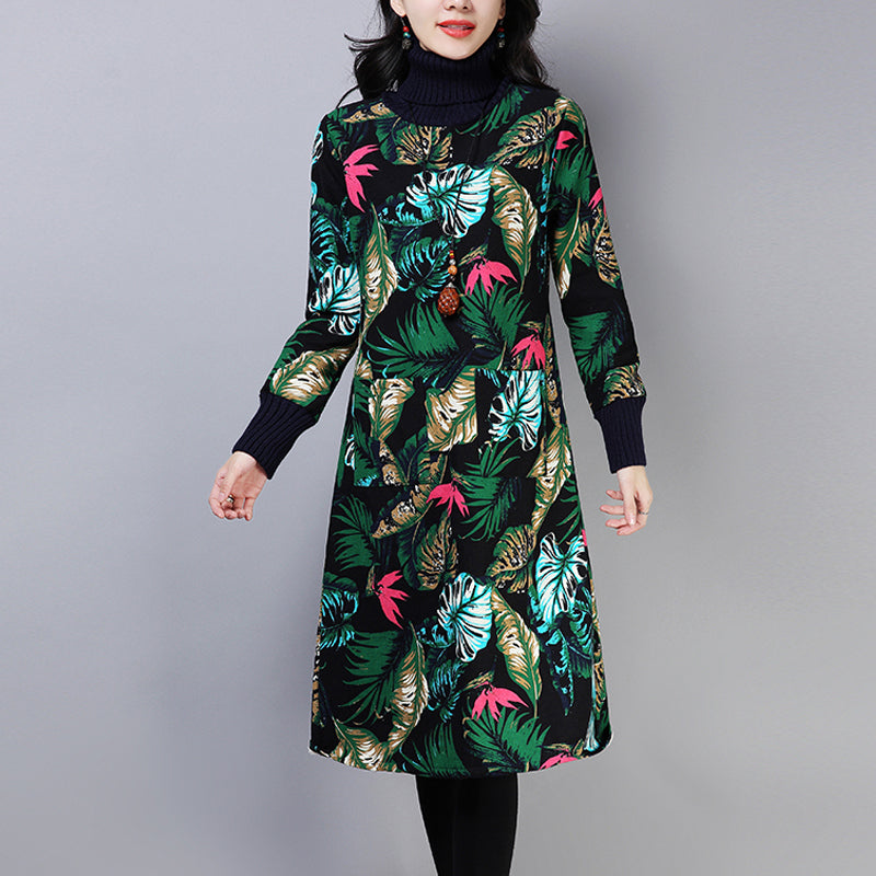 

Rochie de damă cu guler înalt și mânecă lungă, călduroasă, cu imprimeu frunze, pentru toamnă-iarnă