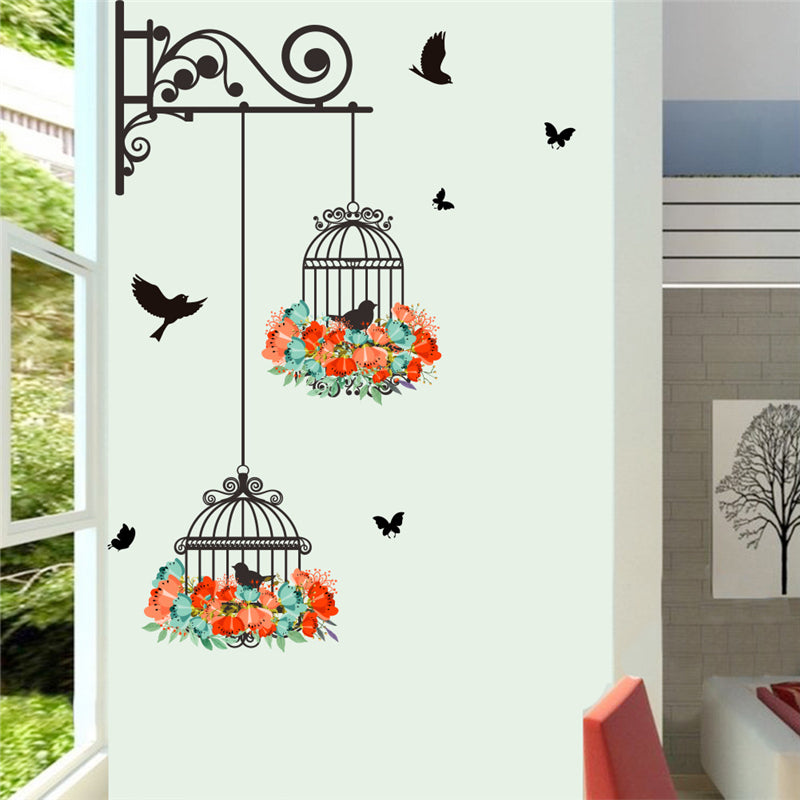 1 sticker de perete colorat, cu colivii, pasari si flori, model cauciucat, gumat, ideal pentru decoratiuni in living, dormitor, camera bebelusului sau chiar pe fereastra