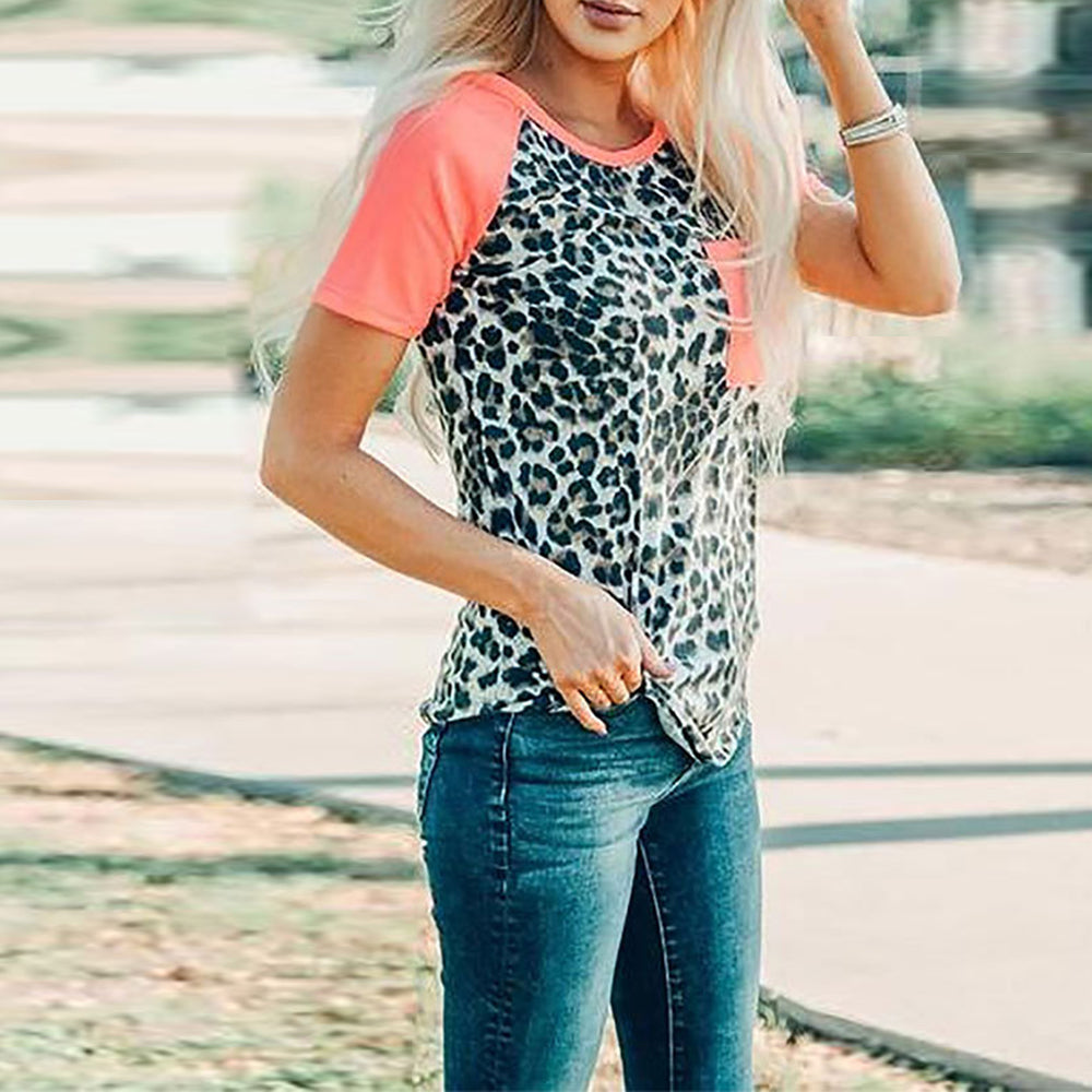 Tricou de vara pentru femei, model nou casual cu imprimeu leopard ?i maneca scurta