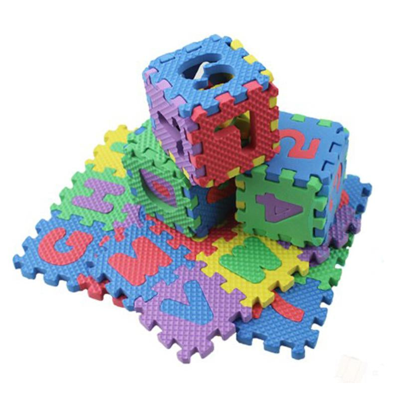 Set de 36 de piese de puzzle pentru copii, jocuri educationale alfa-numerice, care se pot asambla intr-un covoras de protectie cu bule, ideal pentru joaca