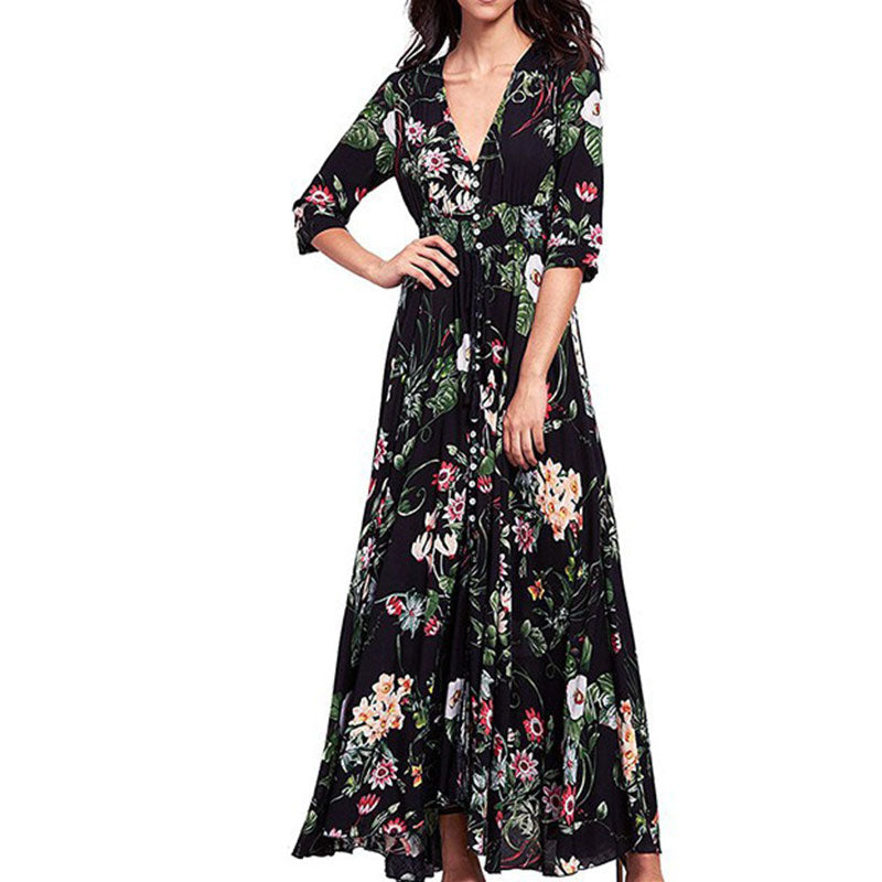 Rochie maxi, despicata, cu imprimeu floral