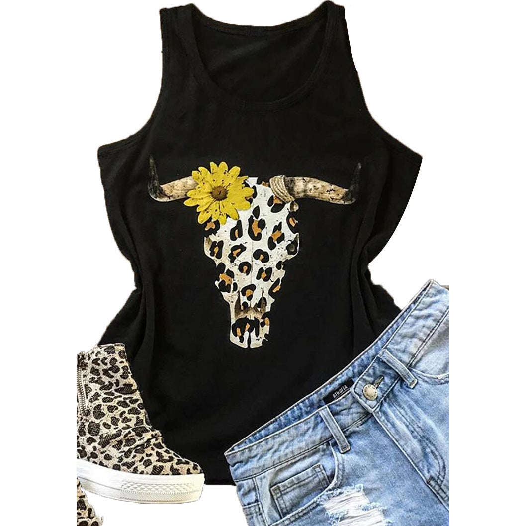 Tricou pentru femei, cu imprimeu leopard, cap de taur ?i crizantema, cu guler barcuta