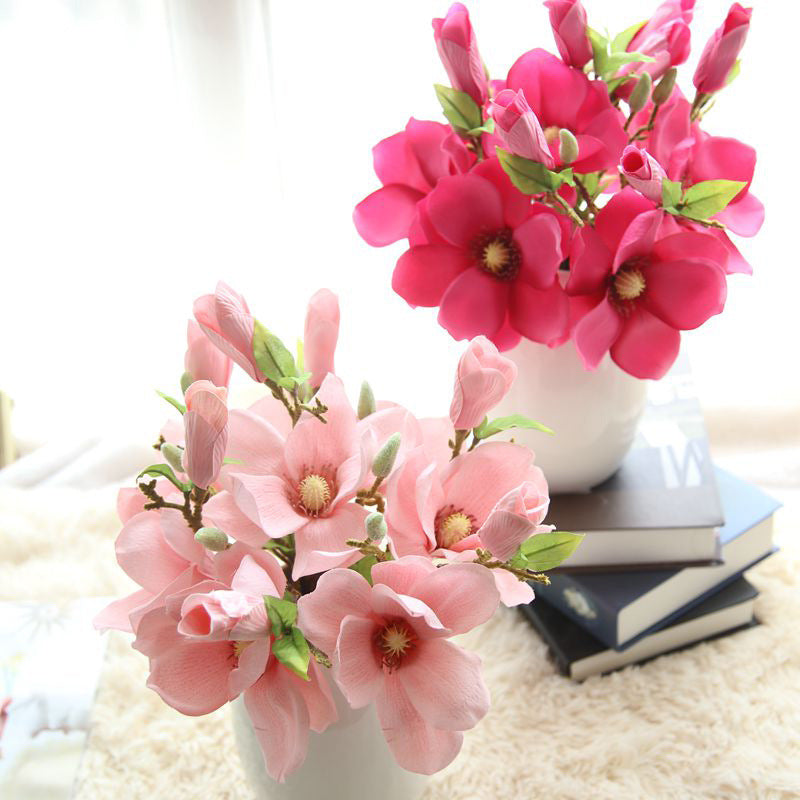 Buchet de 3 flori artificiale de magnolie, flori pentru decoratiunile de nunta si de locuinte