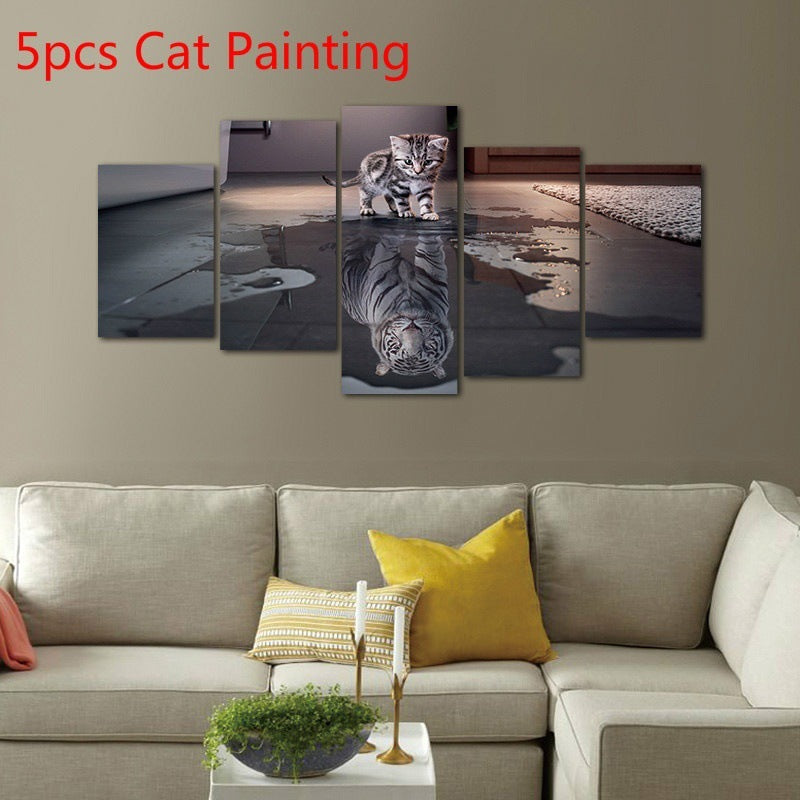 Set de 5 tablouri pentru perete, model cu pisica ce se reflecta ca tigru, pentru decorarea sufrageriei