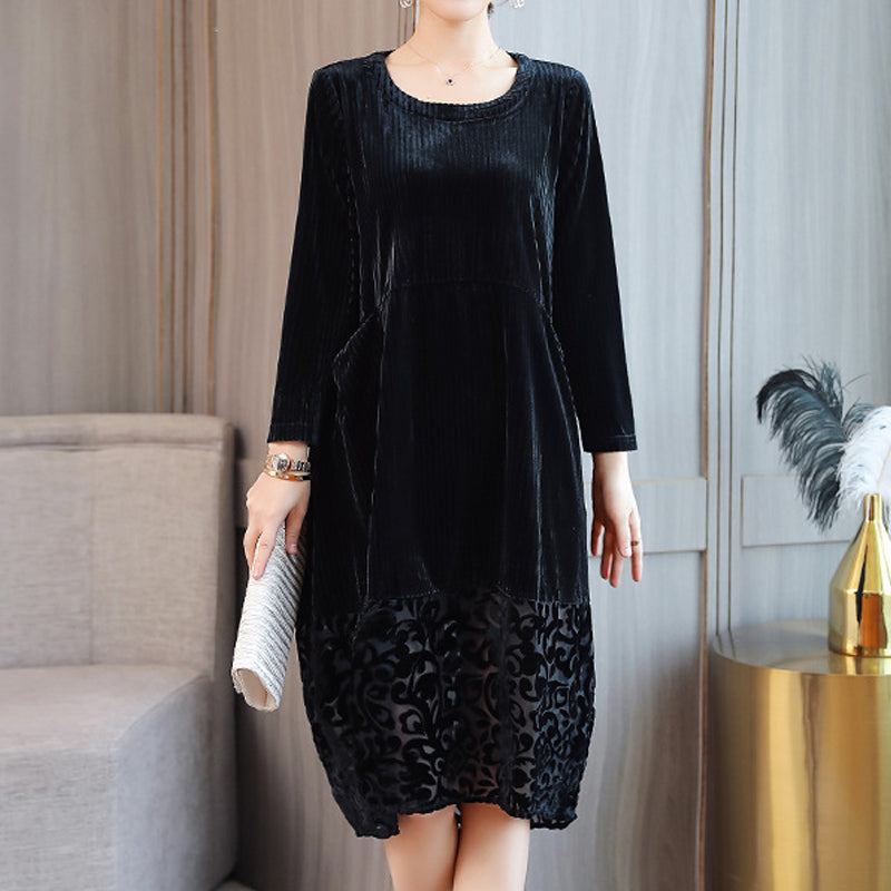 Rochie eleganta si neagra pentru femei, cu modele aplicate din dantela, cu decolteu rotund, rochie larga cu maneci lungi potrivita pentru sezonul de toamna si iarna