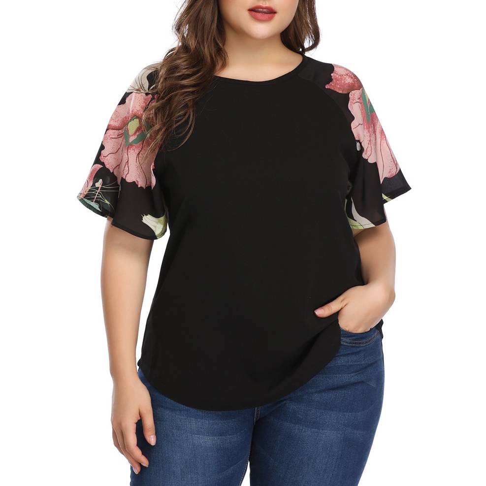 Bluza casual pentru femei, marime mare, model vintage cu imprimeu ?i maneca scurta