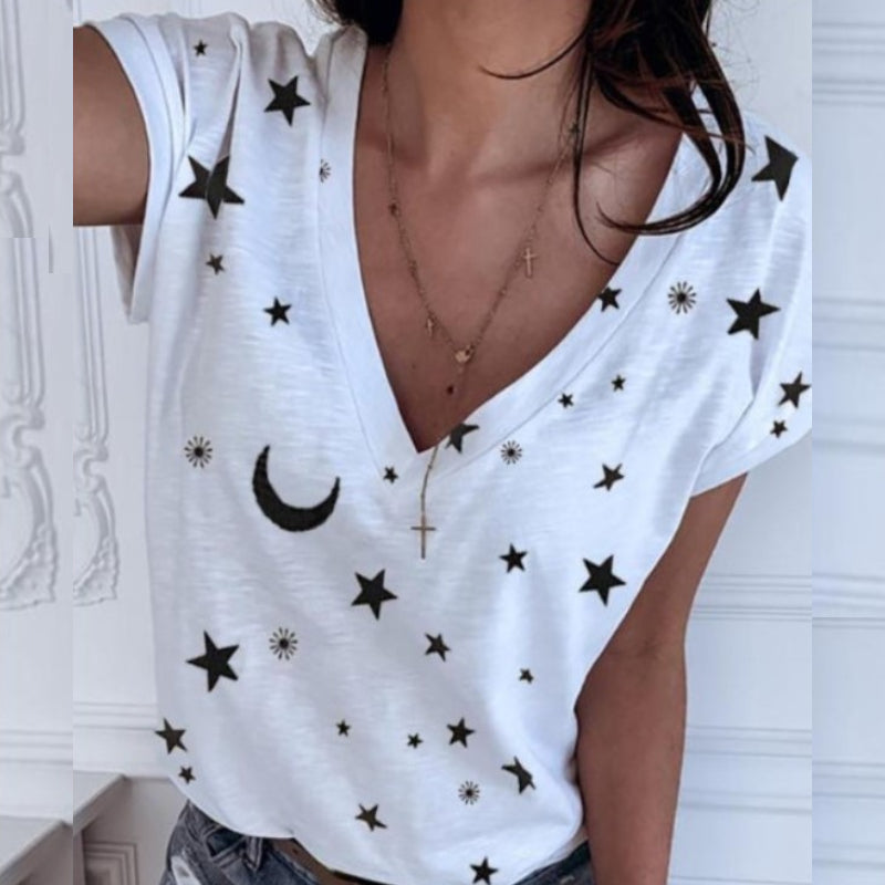 

Tricou cu mânecă scurtă cu imprimeu cu guler în formă de stea pentru femei