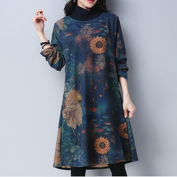 Rochie Loose, pentru Femei, de Toamna si Iarna, model Floral, cu Maneca Lunga, Stil Vintage, Rochie Topuri