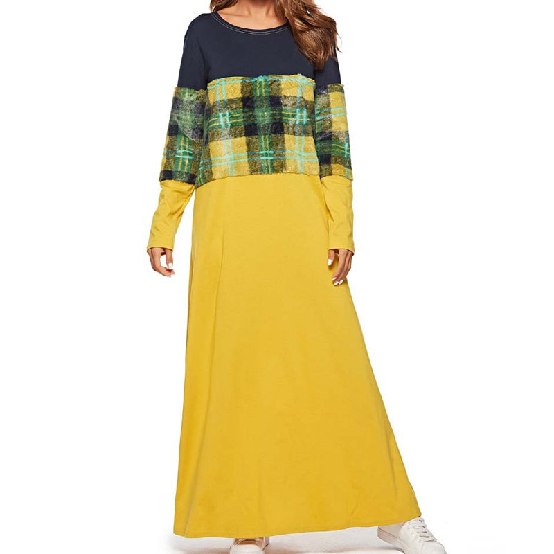 Rochie lunga pentru femei, cu culori contrastante, material de plus cu imprimeu cadrilat si maneca lunga