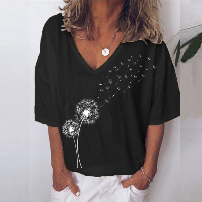 

Tricou cu guler în formă de Dandelion Print pentru femei