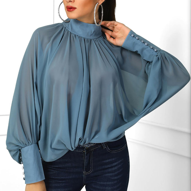 Bluza moderna de vara si toamna pentru femei, model sexy transparent din tul, bluza larga si casual cu maneca lunga, marimi mari
