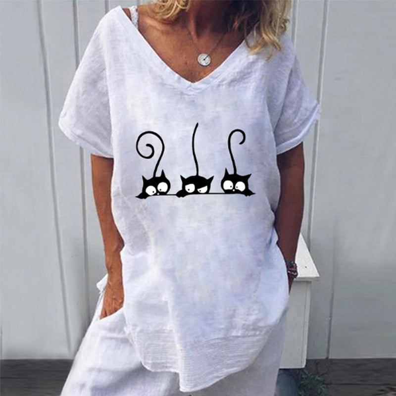 Bluza casual pentru femei cu maneca scurta imprimata cu pisici